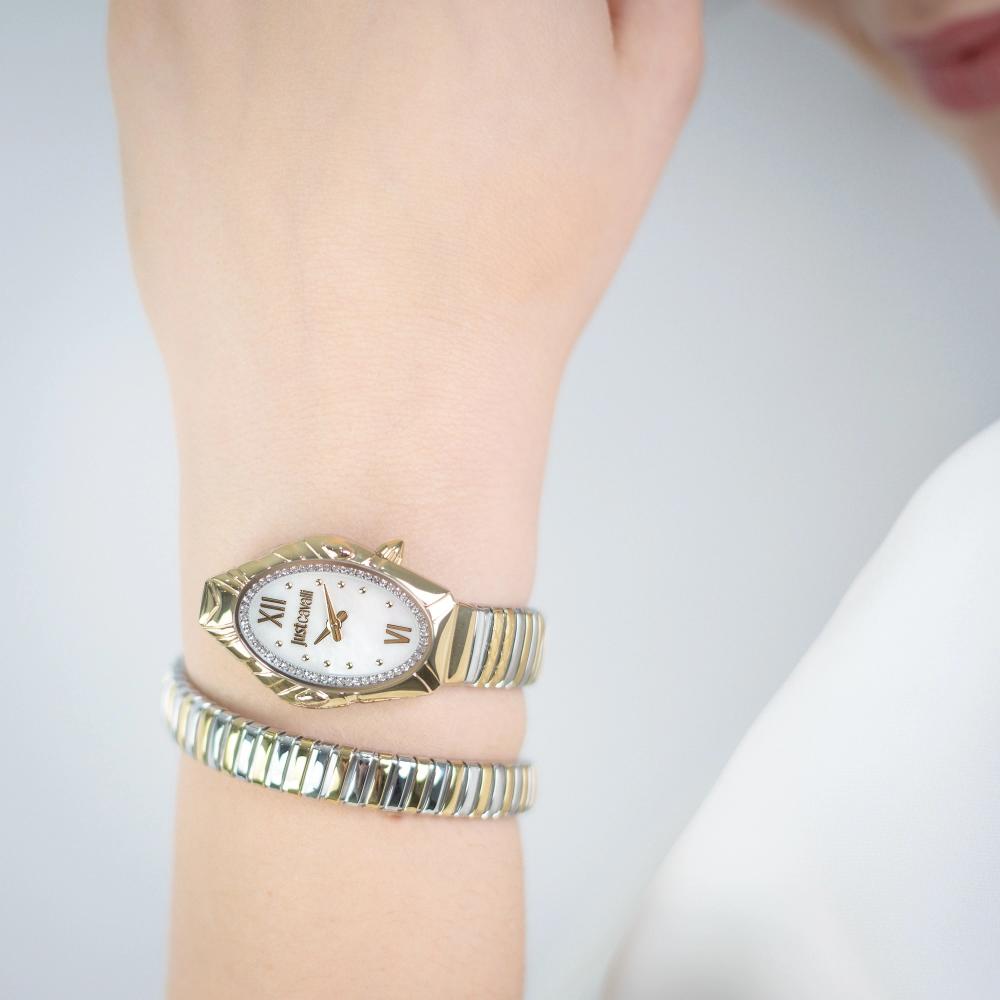 JUST CAVALLI Signature Snake White MOP Dial 22x35mm Two-Tone Gold Stainless Steel Bracelet JC1L357M0055
