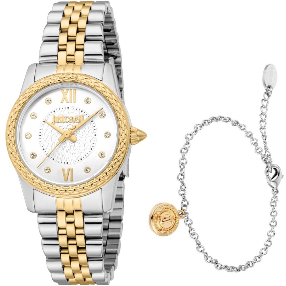 JUST CAVALLI Animalier Sublime Gift Set Silver Dial 30mm Two-Tone Gold Stainless Steel Bracelet JC1L360M0075