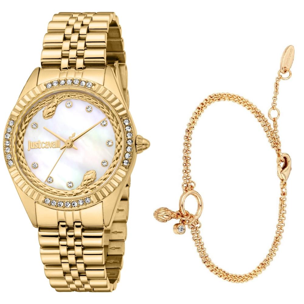 JUST CAVALLI Glam Gift Set White MOP Dial 32mm Gold Stainless Steel Bracelet JC1L361M0055