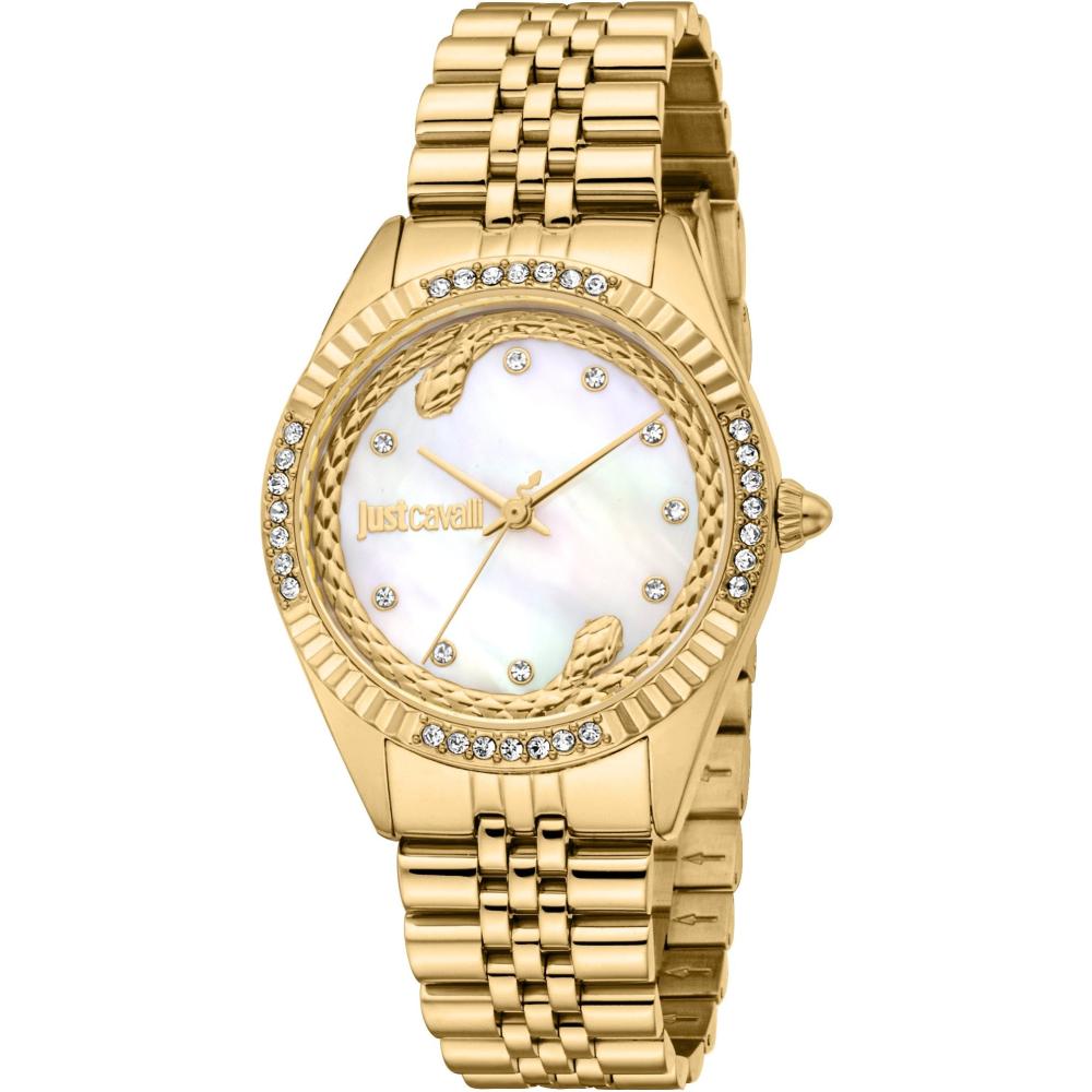 JUST CAVALLI Glam Gift Set White MOP Dial 32mm Gold Stainless Steel Bracelet JC1L361M0055