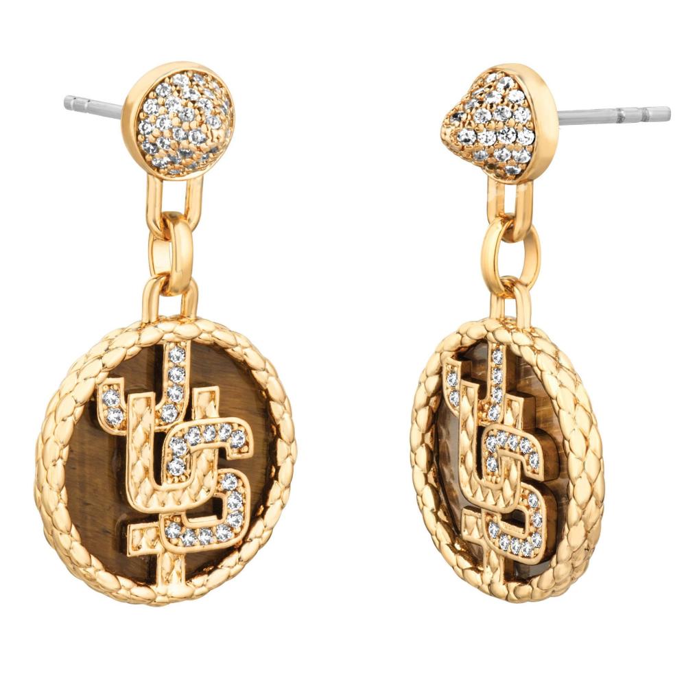 JUST CAVALLI Logo Earrings Gold Stainless Steel with Tiger Eye Stones and Cubic Zirconia JCER01393400