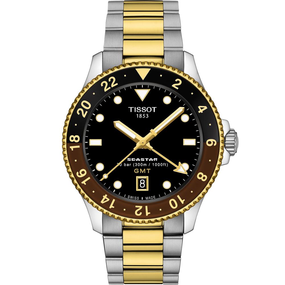 TISSOT Seastar 1000 Quartz GMT Black Dial 40mm Two Tone Gold Stainless Steel Bracelet T120.852.22.051.00