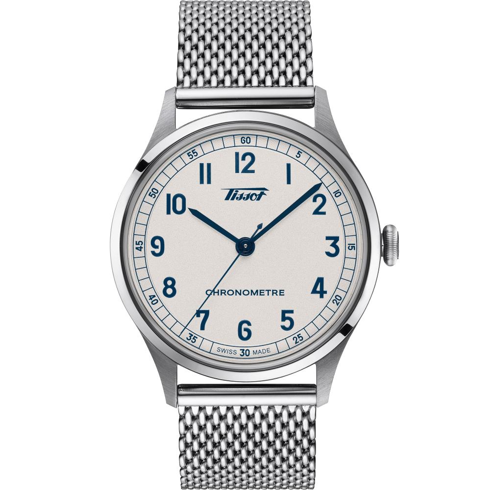 TISSOT Heritage Telemeter 1938 Automatic COSC Silver Dial 39mm Silver Stainless Steel Milanese Bracelet and Blue Leather Strap T142.464.16.032.00