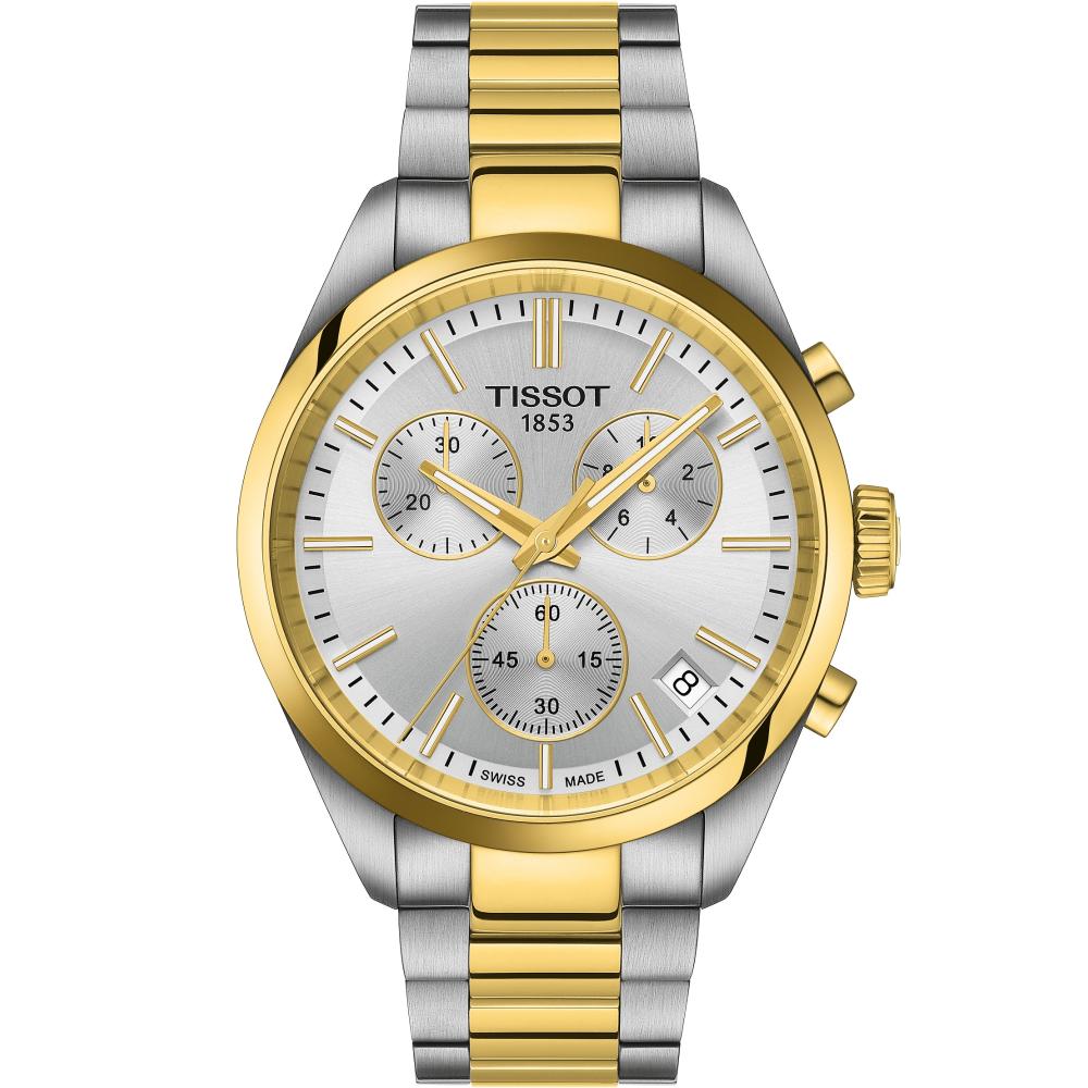 TISSOT PR 100 Chronograph Silver Dial 40mm Two Tone Gold Stainless Steel Bracelet T150.417.22.031.00