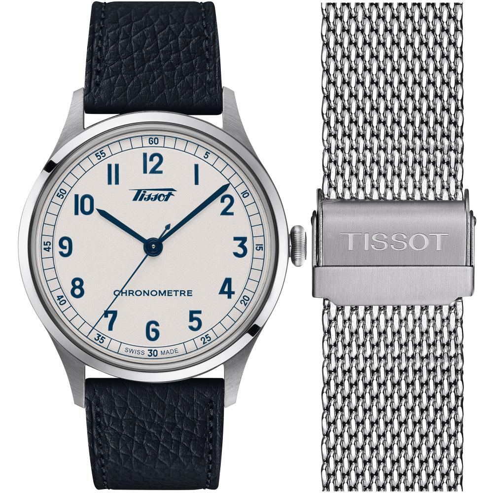 TISSOT Heritage Telemeter 1938 Automatic COSC Silver Dial 39mm Silver Stainless Steel Milanese Bracelet and Blue Leather Strap T142.464.16.032.00