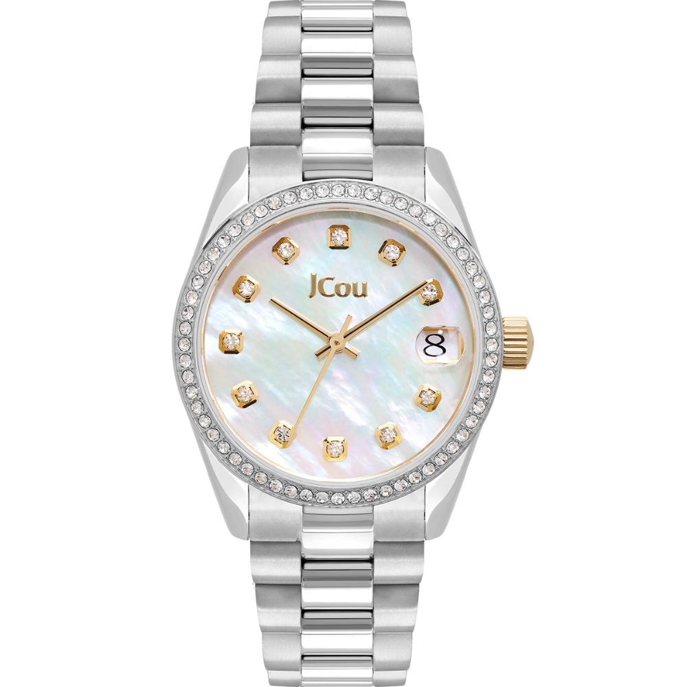 JCOU Gliss Crystals White Pearl Dial 34mm Silver Stainless Steel Bracelet JU19060-2