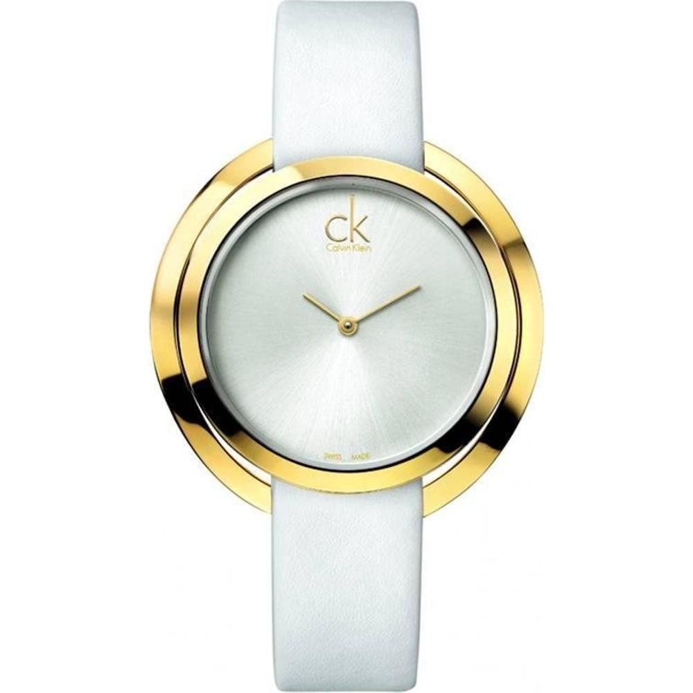 CALVIN KLEIN Aggregate Three Hands 42mm Gold Stainless Steel White Leather Strap K3U235L6