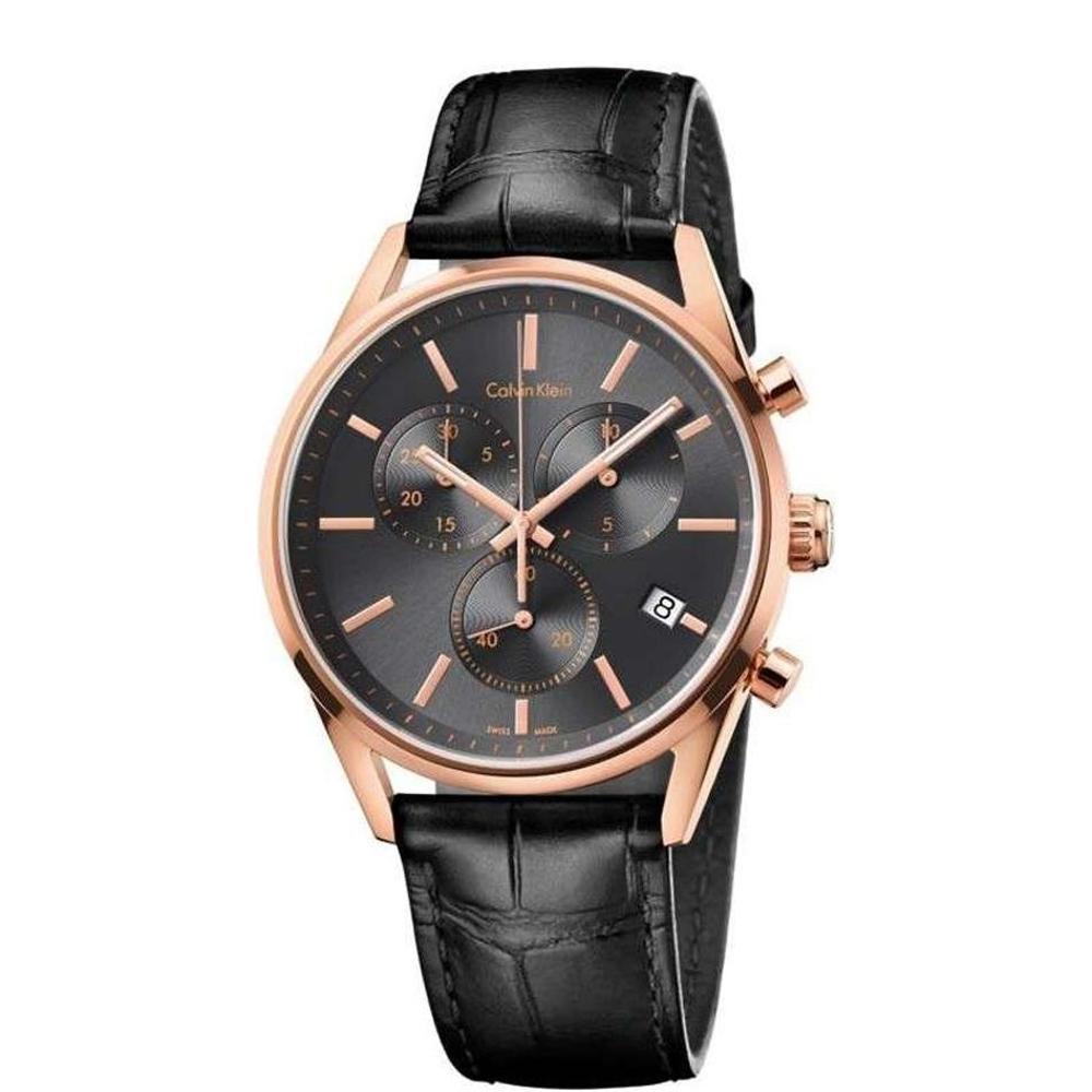 CALVIN KLEIN Formality Chronograph 43mm Rose Gold Stainless Steel Black Leather Strap K4M276C3