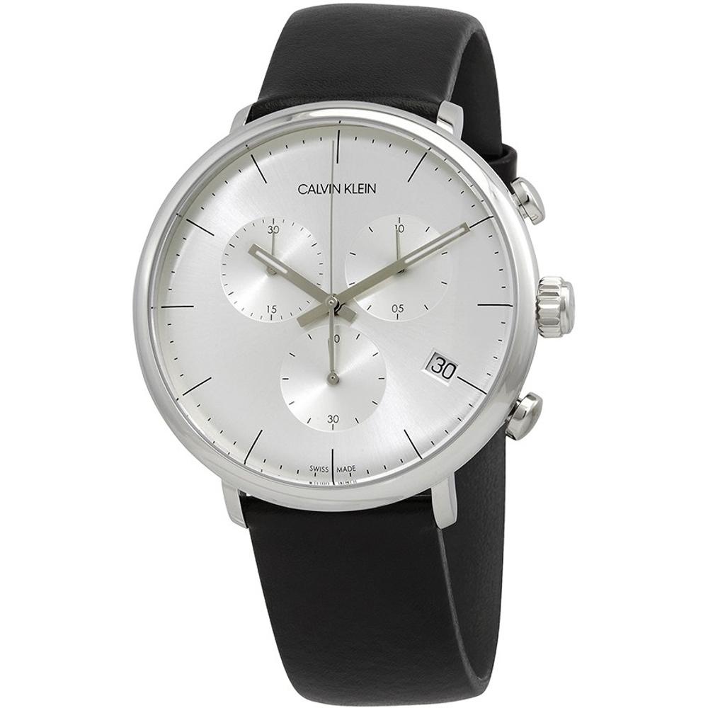 CALVIN KLEIN High Noon Chronograph 43mm Silver Stainless Steel Black Leather Strap K8M271C6