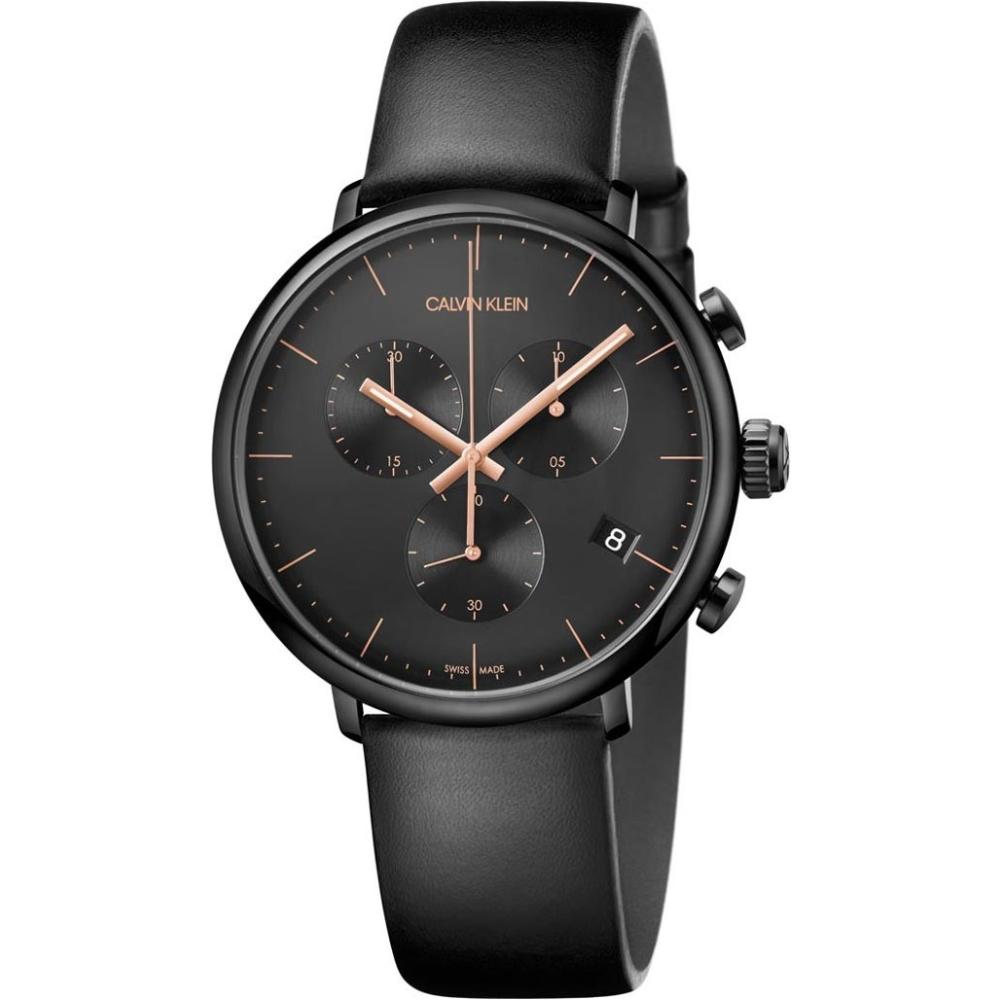 CALVIN KLEIN High Noon Chronograph 43mm Black Stainless Steel Black Leather Strap K8M274CB