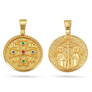 ΚΩΝΣΤΑΝΤΙΝΑΤΟ Βυζαντινό Διπλής Όψης SENZIO Collection από Κ14 Κίτρινο Χρυσό με Ζιργκόν KN008 - 38533