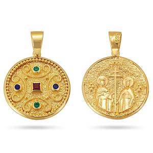 ΚΩΝΣΤΑΝΤΙΝΑΤΟ Βυζαντινό Διπλής Όψης SENZIO Collection από Κ14 Κίτρινο Χρυσό με Ζιργκόν KN009 - 38536