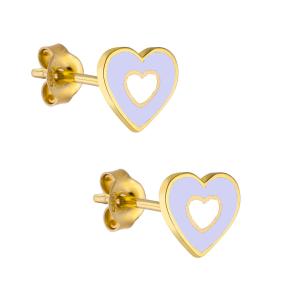 EARRINGS Children's Hearts K14 Yellow Gold with White and Lilac Enamel KS14-0004.Y - 48868