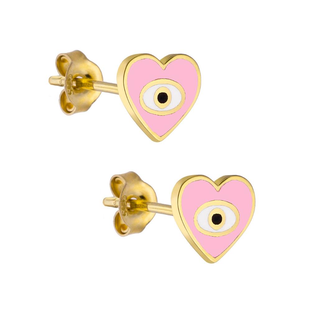 EARRINGS Children's Hearts K14 Yellow Gold with White and Pink Enamel KS14-0006.Y