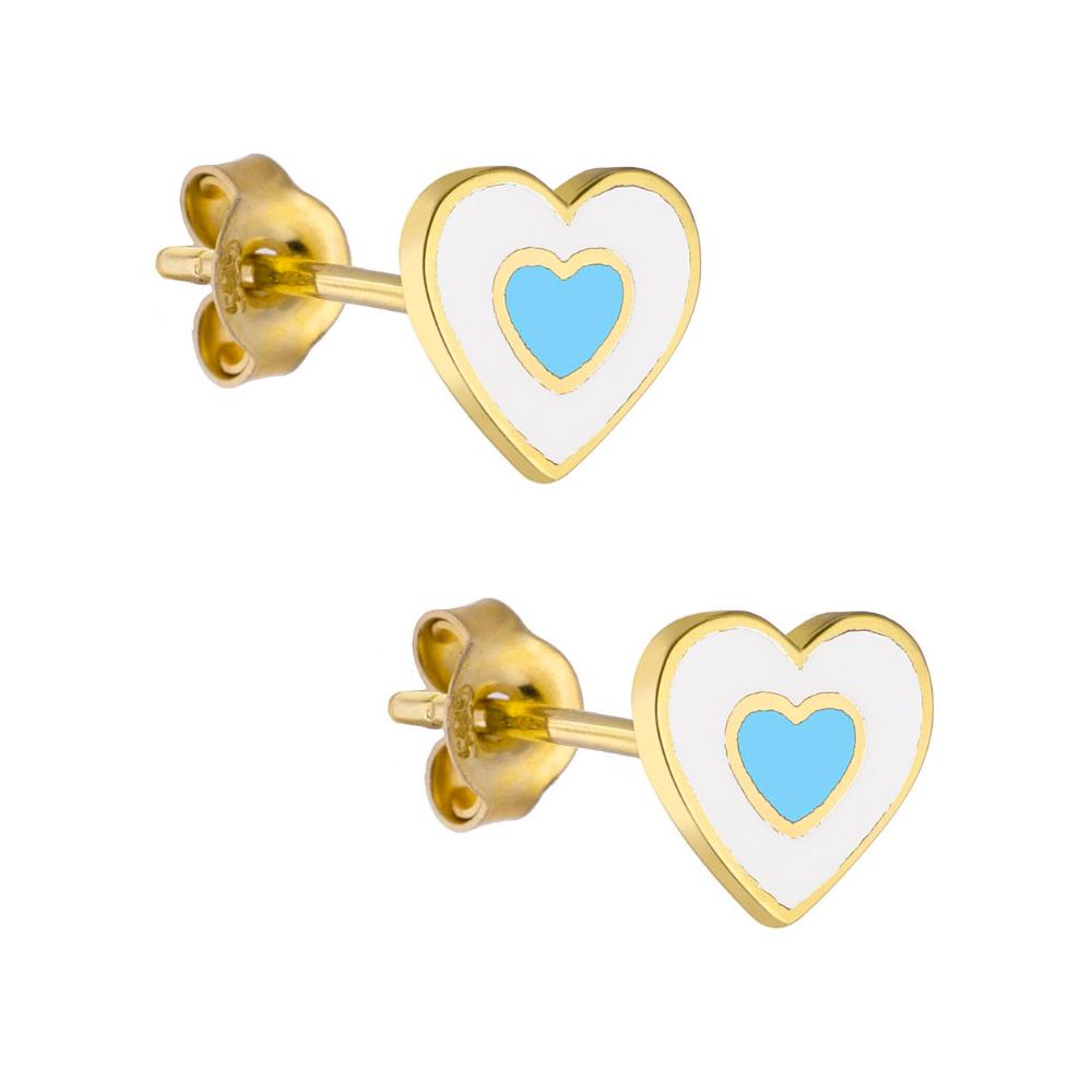 EARRINGS Children's Hearts K14 Yellow Gold with White and Baby Blue Enamel KS14-0007.Y