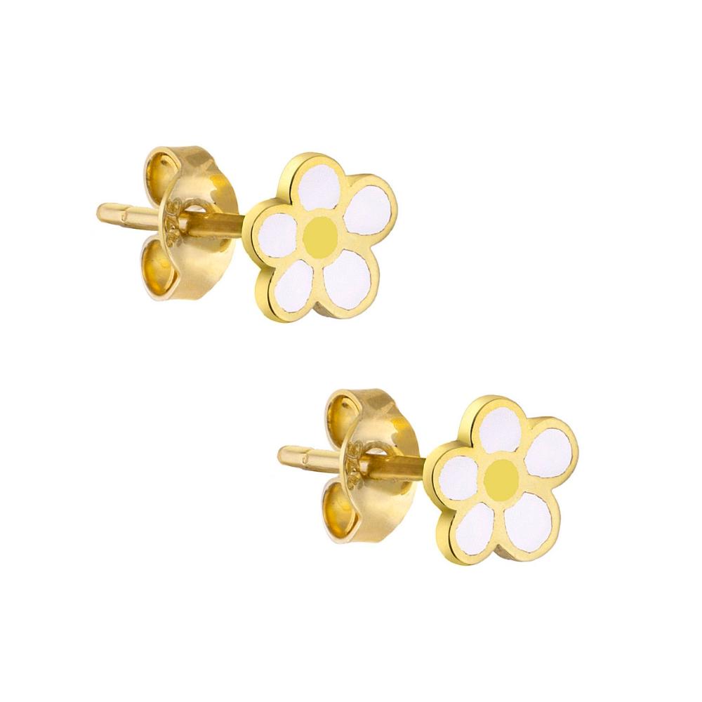 EARRINGS Children's Flower K14 Yellow Gold with White Enamel KS14-0030.Y