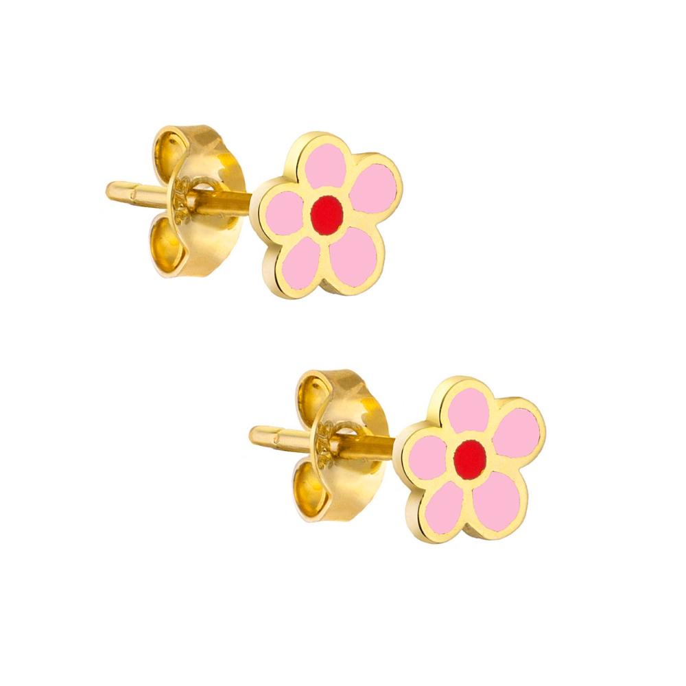 EARRINGS Children's Flower K14 Yellow Gold with Pink Enamel KS14-0031.Y