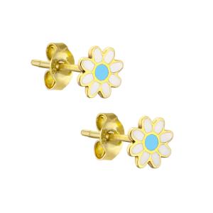 EARRINGS Children's Flower K14 Yellow Gold with White Enamel KS14-0032.Y - 48880