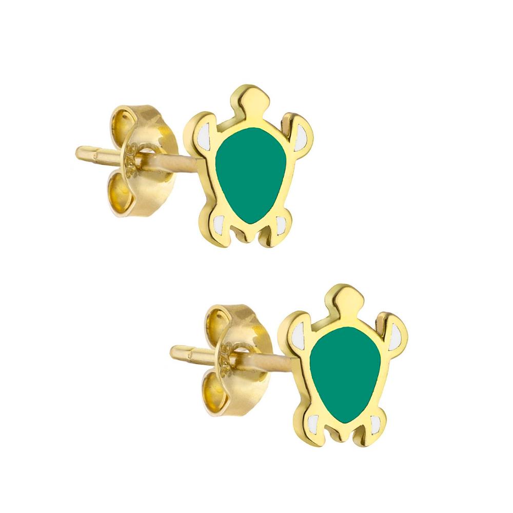 EARRINGS for Kids Turtles K14 Yellow Gold with Green Enamel KS14-0041.Y