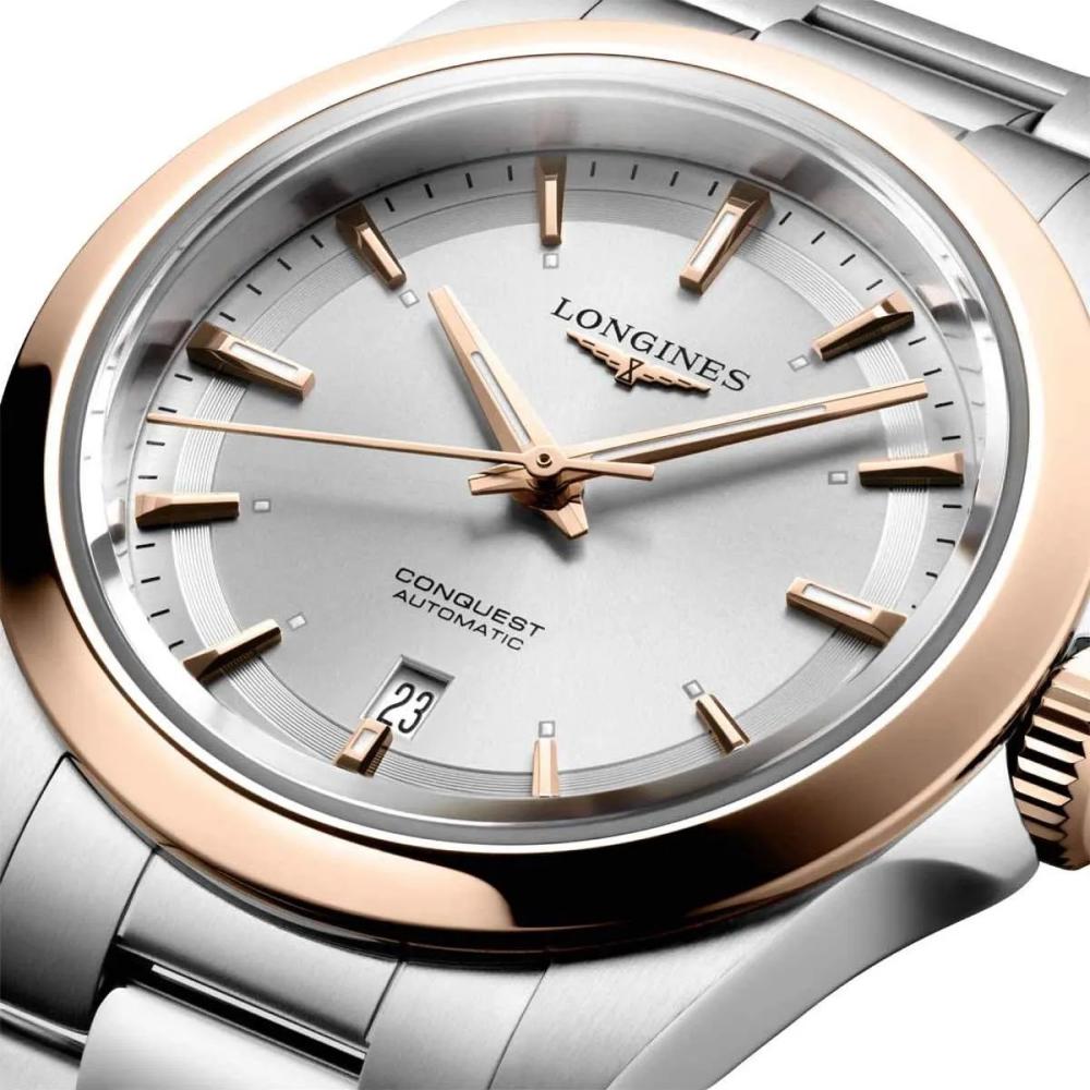 LONGINES Conquest Automatic Sunray Silver Dial 30mm Rose Gold 18 Karat Bezel Silver Stainless Steel Bracelet L33205726