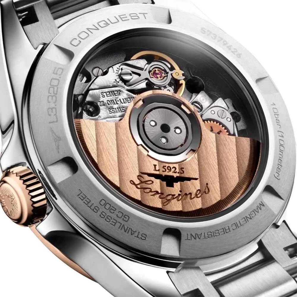 LONGINES Conquest Automatic Sunray Silver Dial 30mm Rose Gold 18 Karat Bezel Silver Stainless Steel Bracelet L33205726