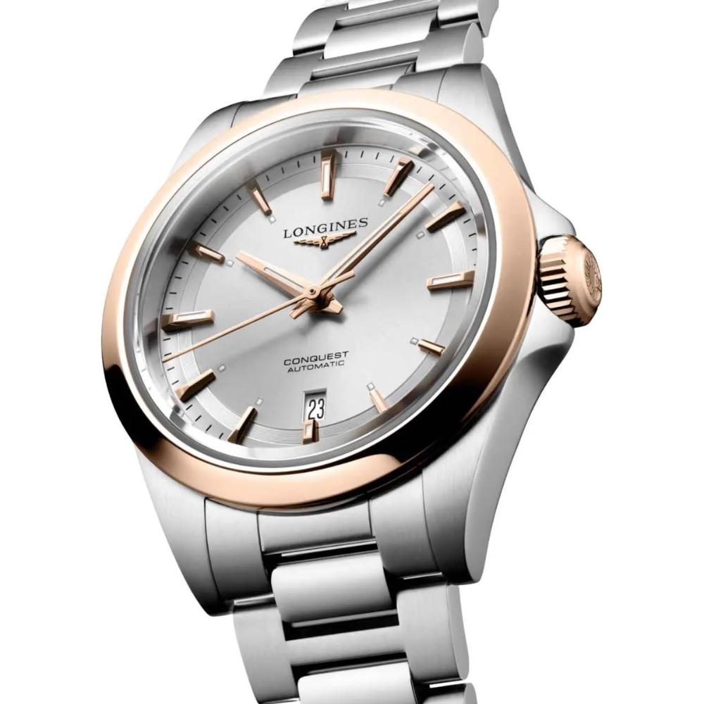 LONGINES Conquest Automatic Sunray Silver Dial 30mm Rose Gold 18 Karat Bezel Silver Stainless Steel Bracelet L33205726