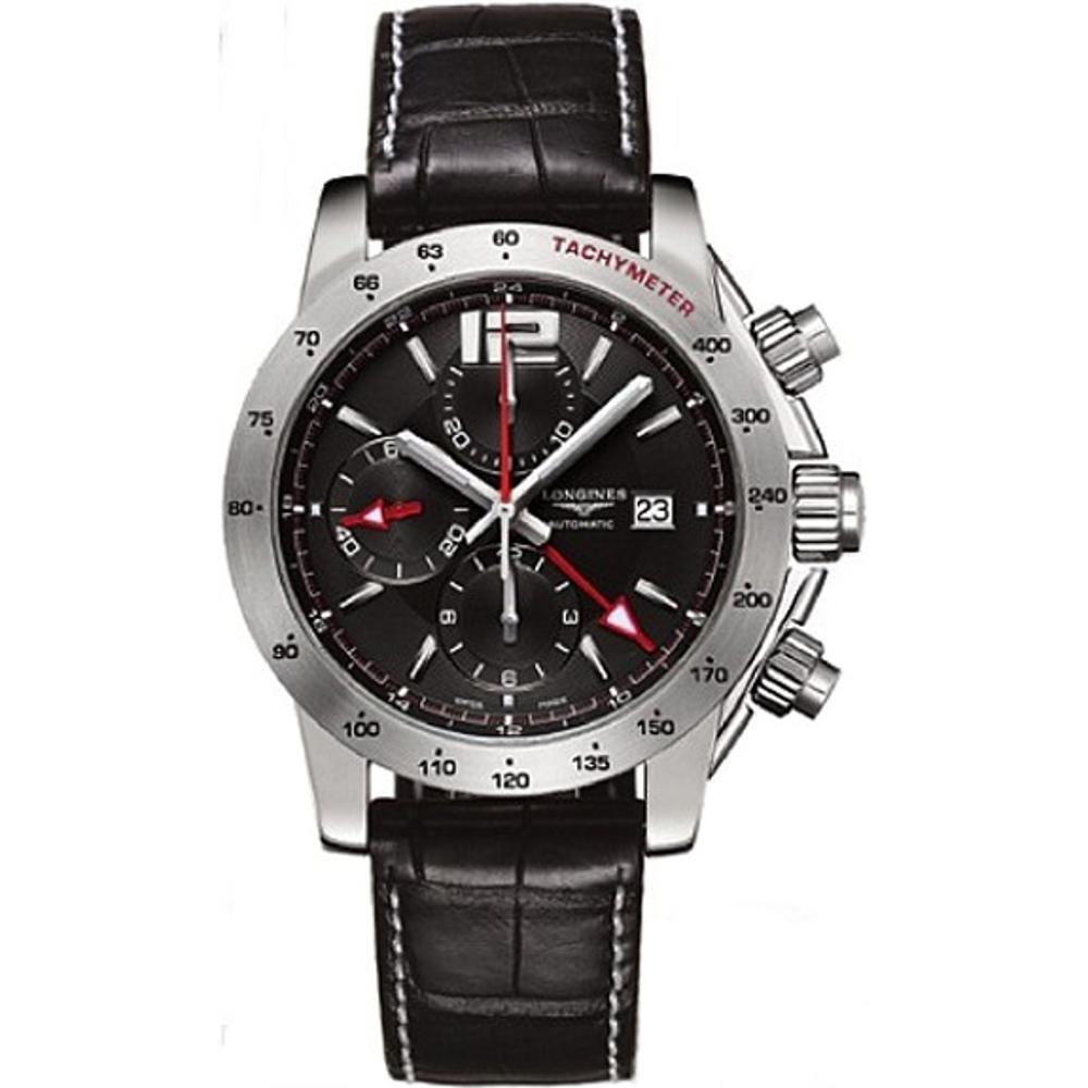 LONGINES Admiral GMT Chronograph Automatic 44mm Silver Stainless Steel Black Leather Strap L36704562