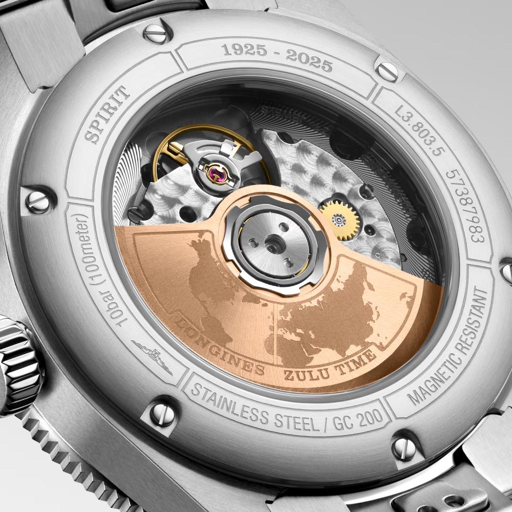 LONGINES Spirit Zulu Time 1925 Rose Gold K18 Besel Black Dial 39mm Silver Stainless Steel Bracelet L38035536