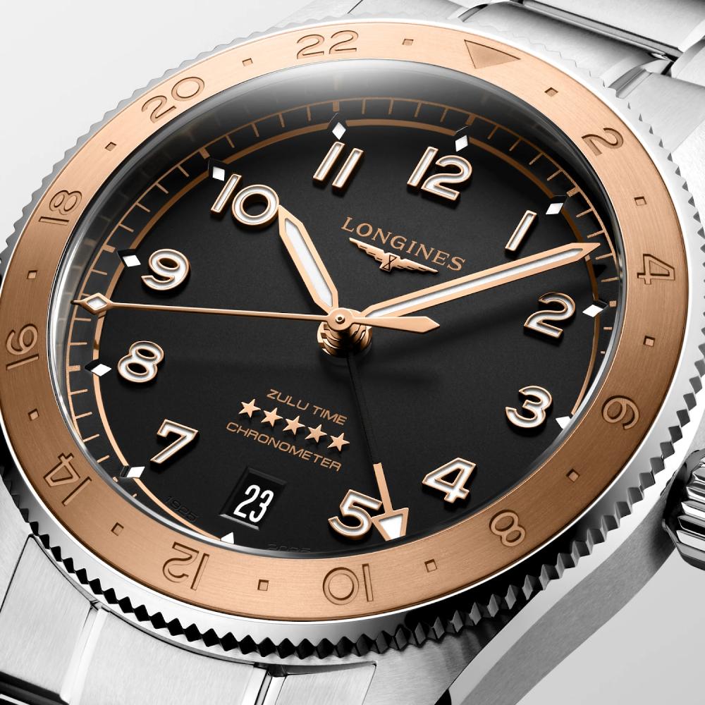 LONGINES Spirit Zulu Time 1925 Rose Gold K18 Besel Black Dial 39mm Silver Stainless Steel Bracelet L38035536 - 7