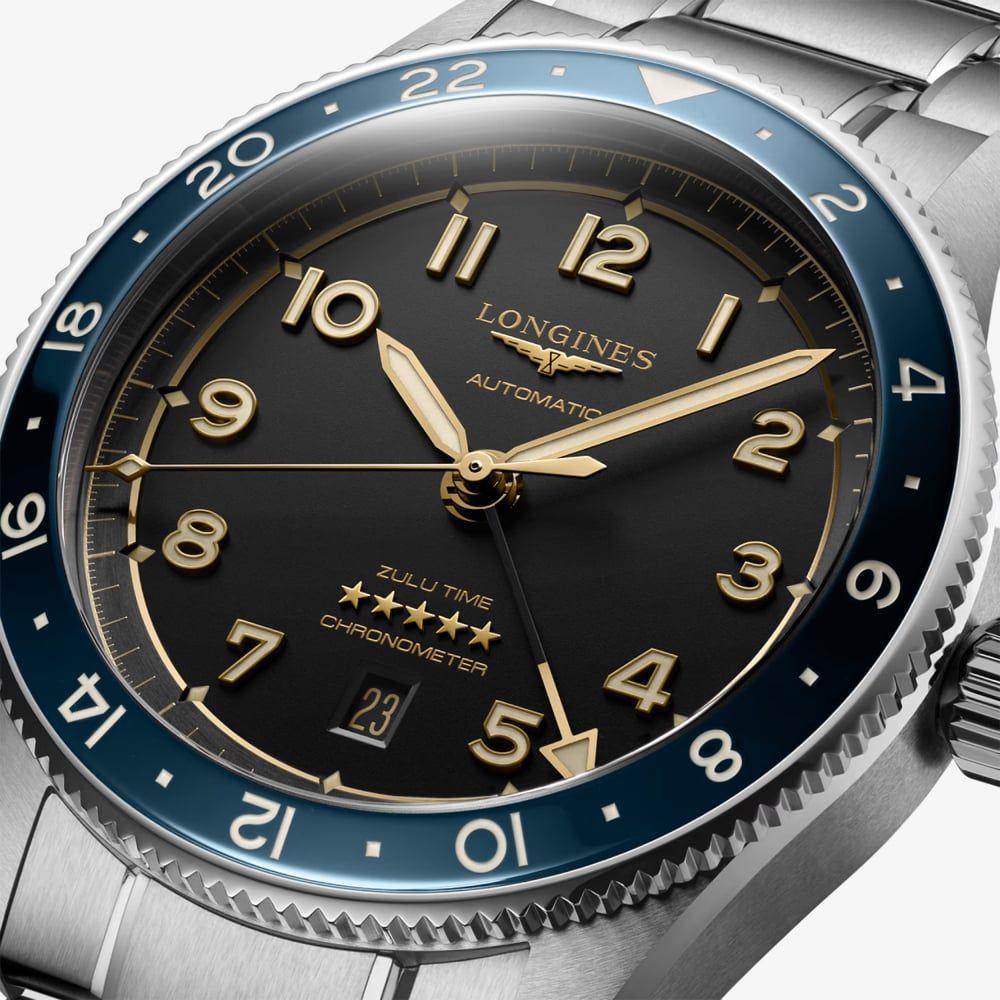 LONGINES Spirit Zulu Time Anthracite Gold Dial 42mm Silver Stainless Steel Bracelet L38124606