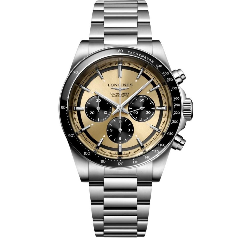LONGINES Conquest Chronograph Automatic Ceramic Gold Dial 42mm Silver Stainless Steel Bracelet L38354326