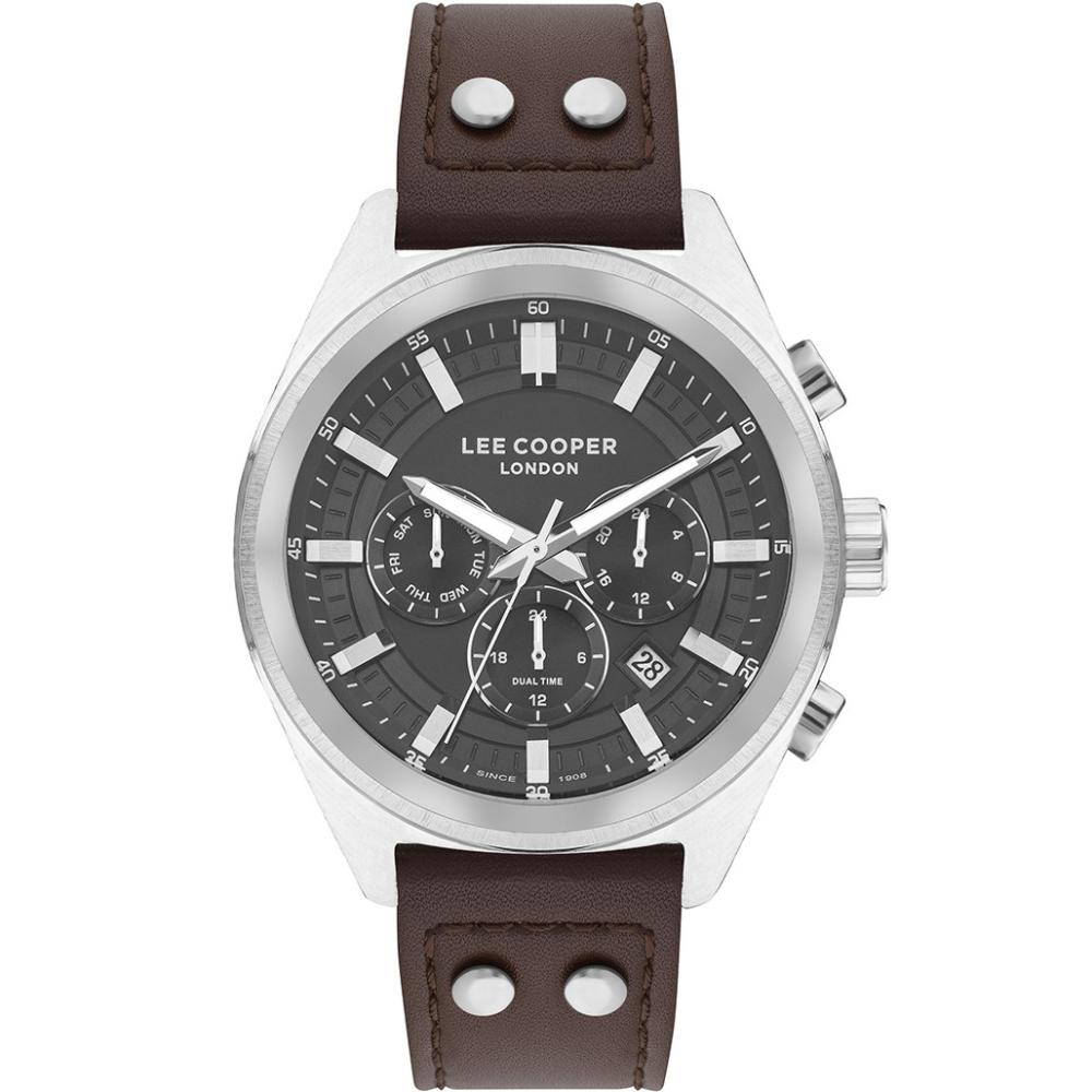 LEE COOPER 842 Dual Time Multifunction Grey Dial 45mm Silver Metal Brown Leather Strap LC07842.374