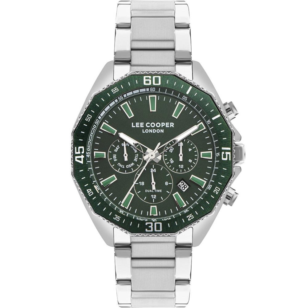 LEE COOPER 847 Dual Time Multifunction Green Dial 45mm Silver Stainless Steel Bracelet LC07847.370
