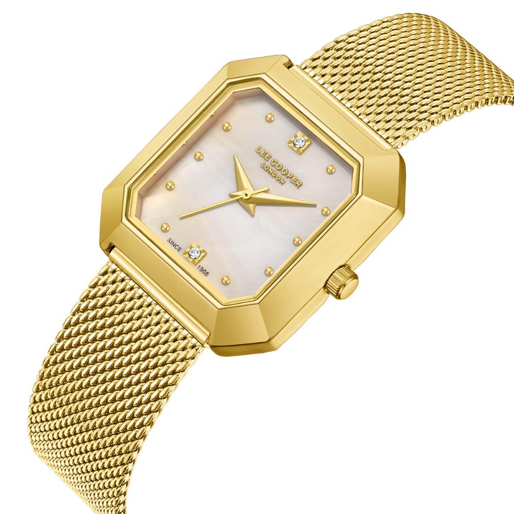 LEE COOPER Ladies White Pearl Dial 27mm Gold Stainless Steel Mesh Bracelet LC08027.120