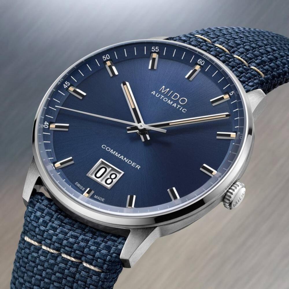 MIDO Commander Big Date Automatic Blue Dial 42mm Silver Stainless Steel Blue Fabric Strap M021.626.17.041.00