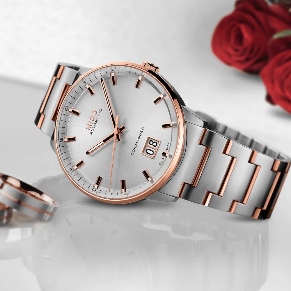 MIDO Commander Big Date Automatic Silver Dial 42mm Two Tone Rose Gold Stainless Steel Bracelet M021.626.22.031.00
