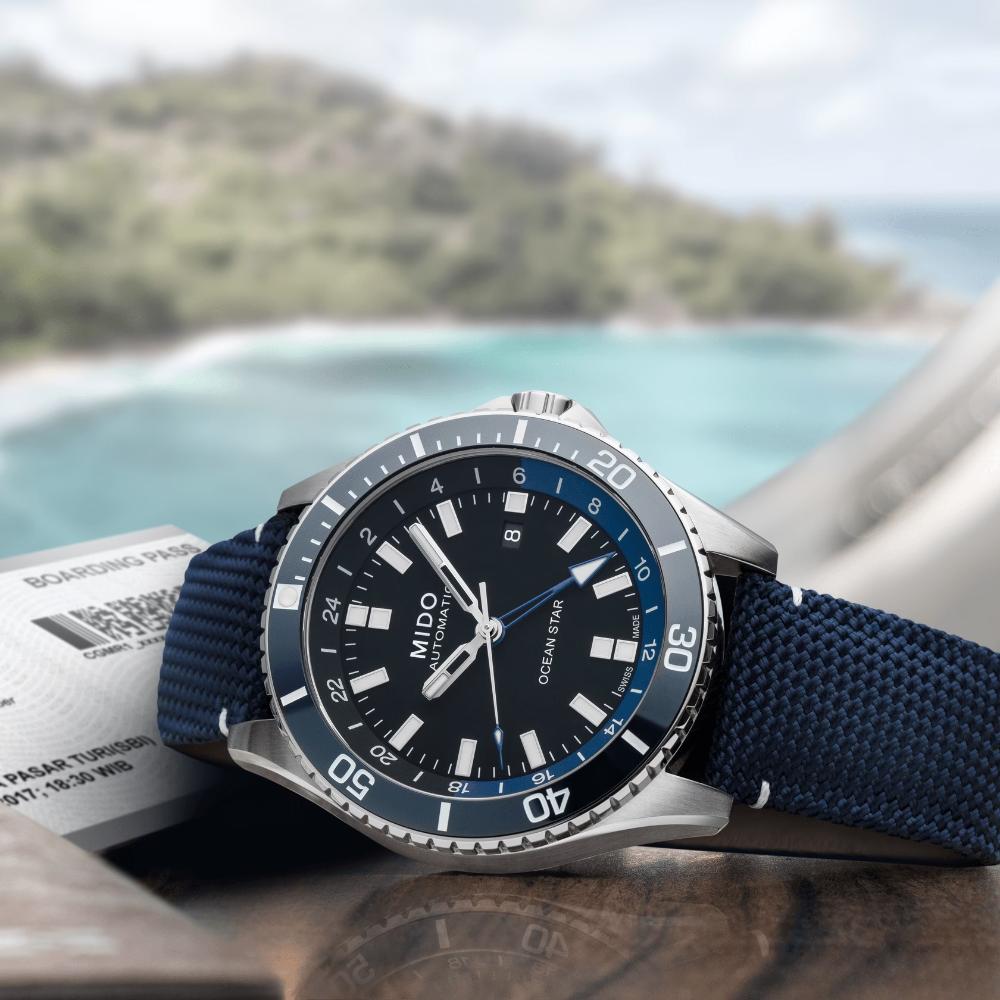 MIDO Ocean Star GMT Black Dial 44mm Silver Stainless Steel Blue Fabric Strap M026.629.17.051.00