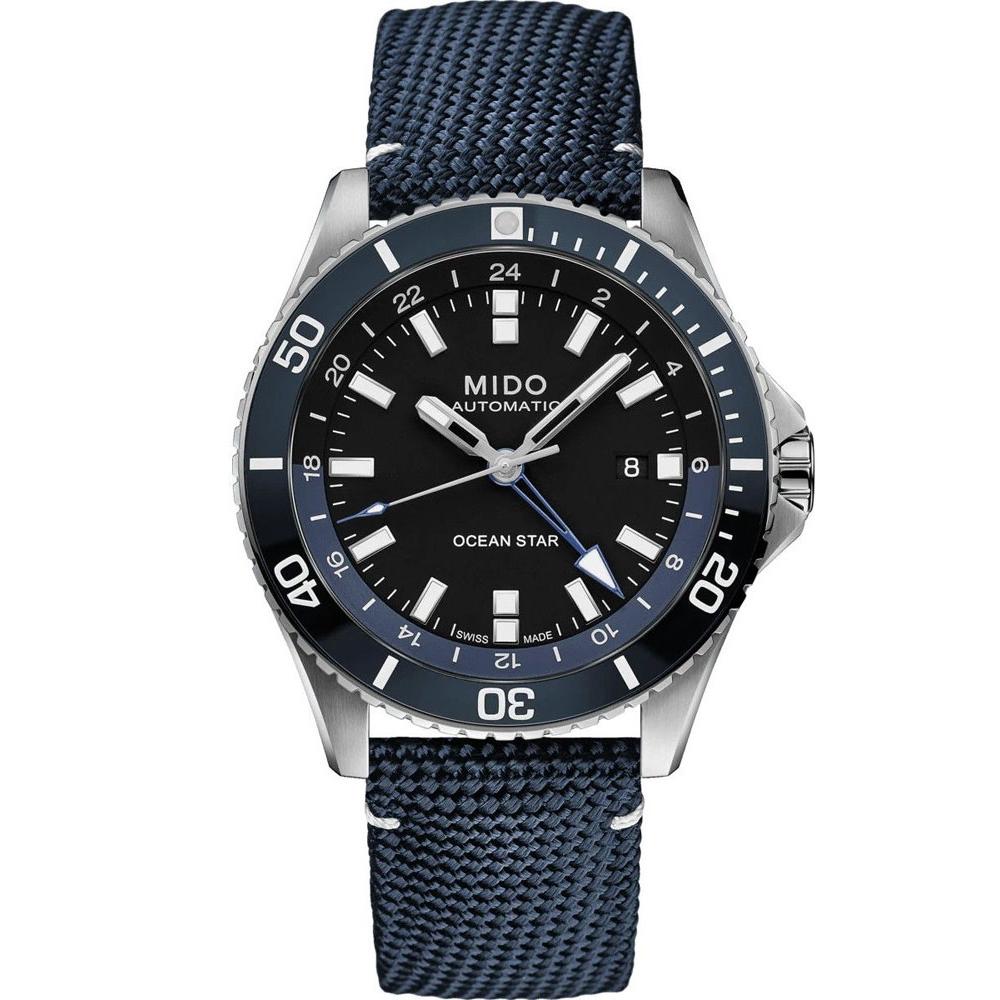 MIDO Ocean Star GMT Black Dial 44mm Silver Stainless Steel Blue Fabric Strap M026.629.17.051.00
