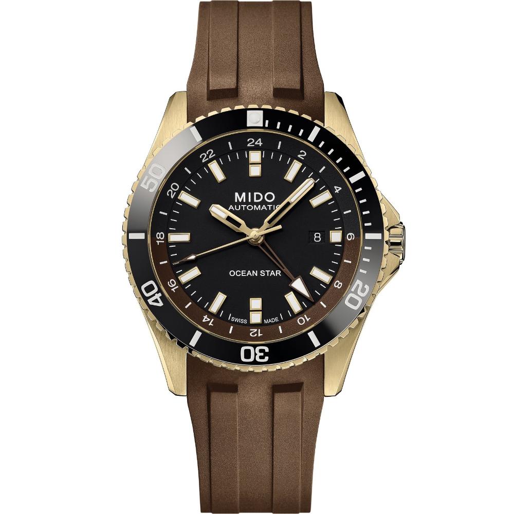 MIDO Ocean Star GMT Black Dial 44mm Gold Stainless Steel Brown Rubber Strap M026.629.37.291.00