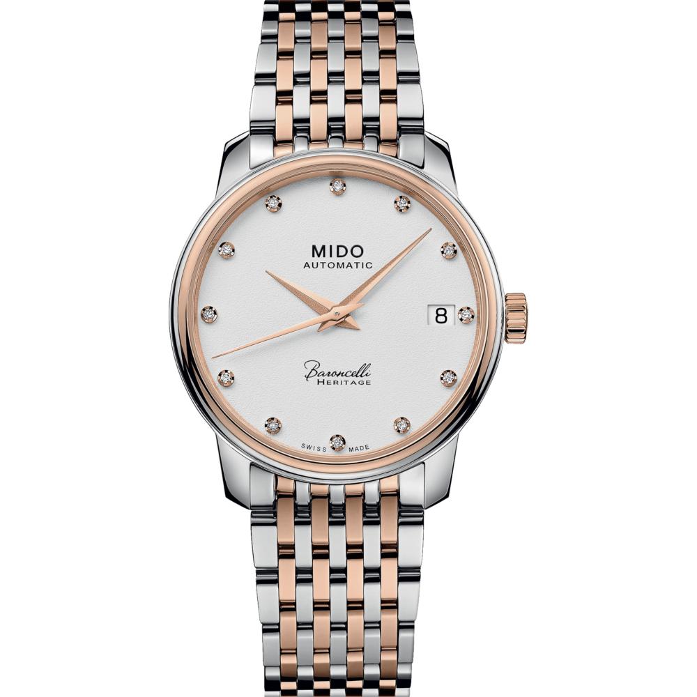 MIDO Baroncelli Heritage Lady Diamonds 33mm Silver & Rose Gold Stainless Steel Bracelet M027.207.22.016.00