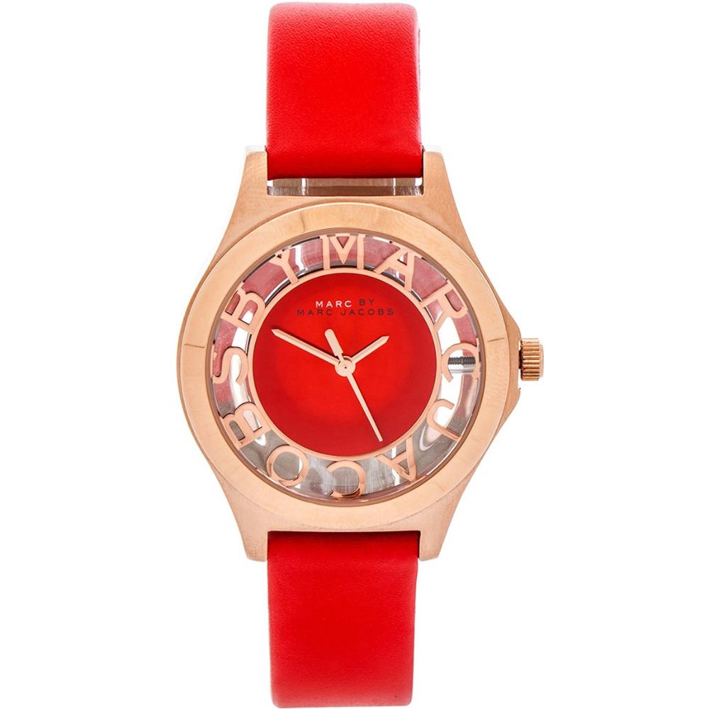 MARC JACOBS Henry Three Hands 34mm Rose Gold Stainless Steel Red Leather Strap MBM1338