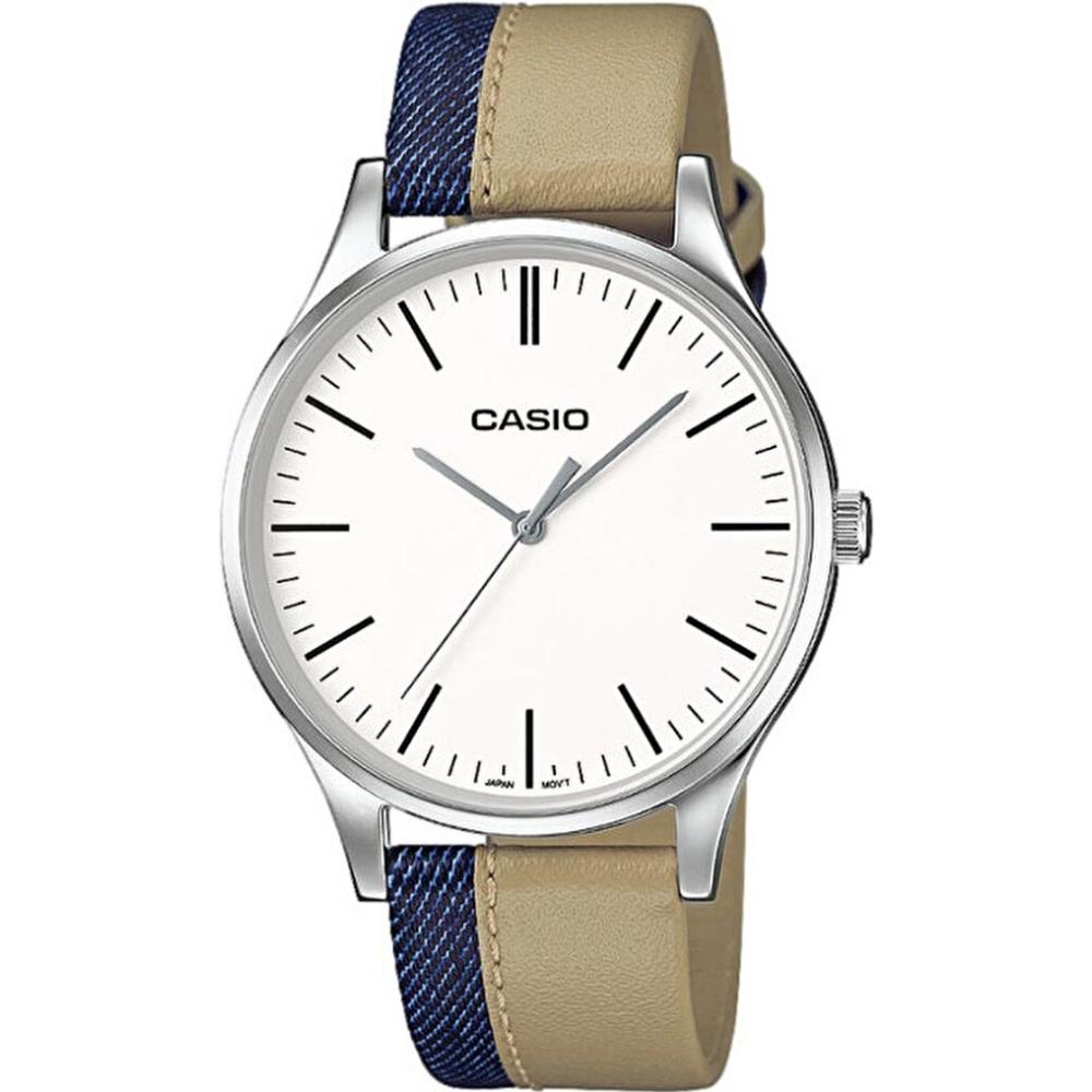 CASIO Classic Three Hands 38mm Silver Stainless Steel Beige & Blue Leather Strap MTP-E133L-7EEF