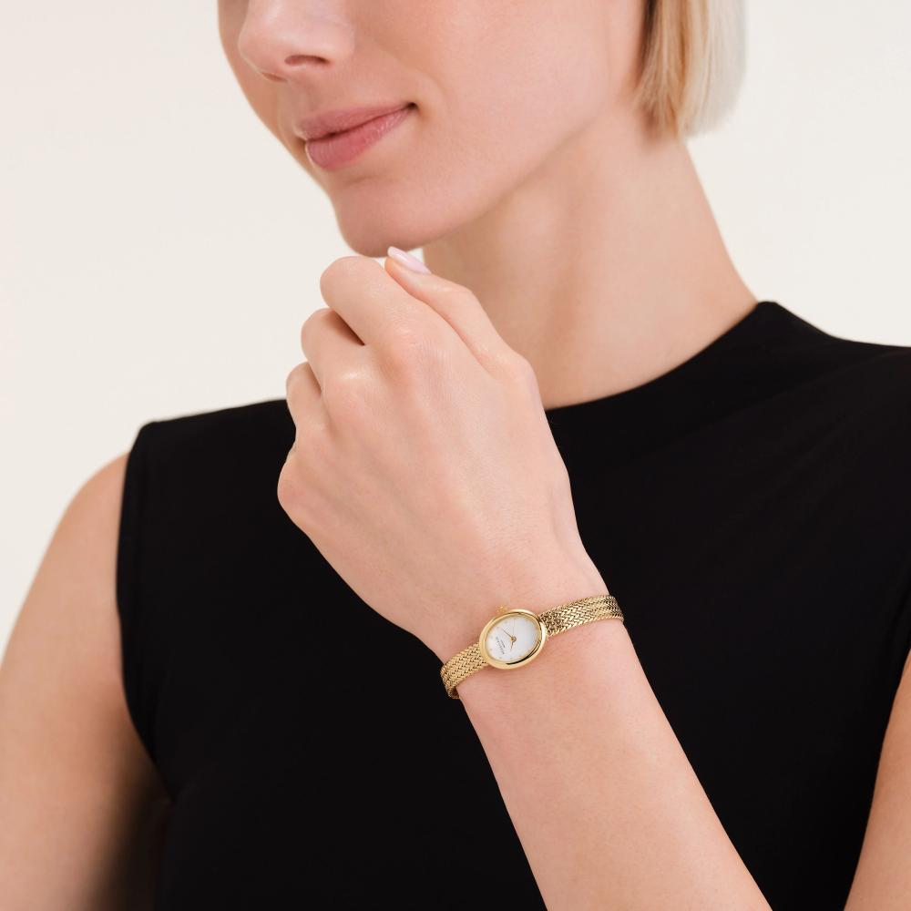 ROSEFIELD Mini Oval White Mother of Pearl Dial 18x22mm Gold-Plated Stainless Steel Mesh Bracelet MWGMG-M02