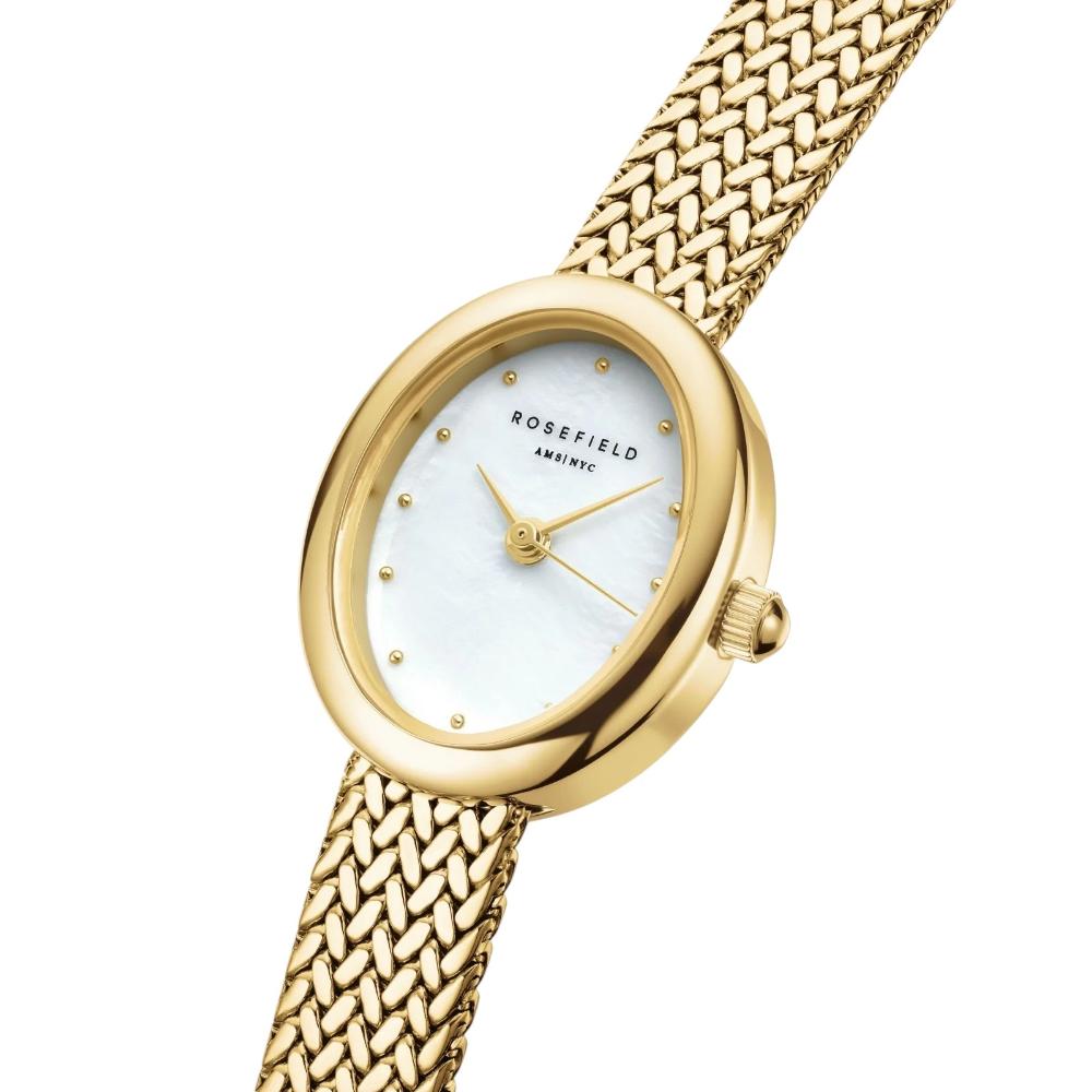 ROSEFIELD Mini Oval White Mother of Pearl Dial 18x22mm Gold-Plated Stainless Steel Mesh Bracelet MWGMG-M02
