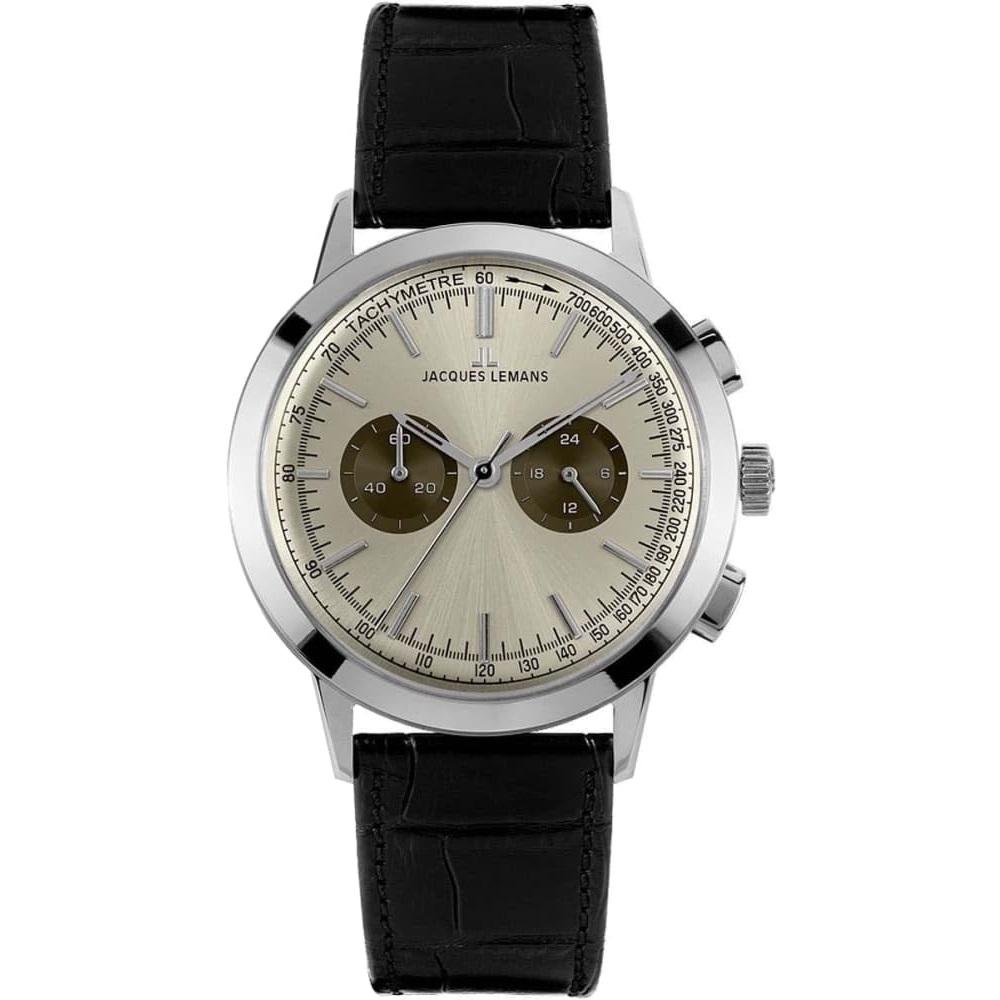 JACQUES LEMANS Nostalgie Chronograph 44mm Silver Stainless Steel Black Leather Strap N-204B