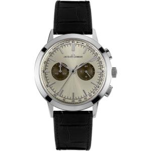 JACQUES LEMANS Nostalgie Chronograph 44mm Silver Stainless Steel Black Leather Strap N-204B - 11001