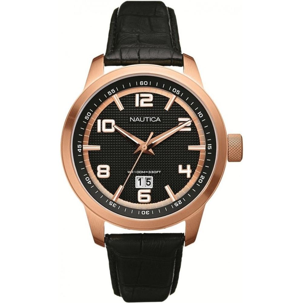 NAUTICA NCT 400 Thee Hands 46mm Rose Gold Stainless Steel Black Leather Strap A15023G