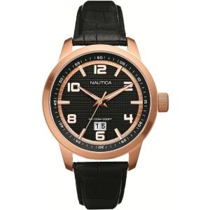 NAUTICA NCT 400 Thee Hands 46mm Rose Gold Stainless Steel Black Leather Strap A15023G - 4716