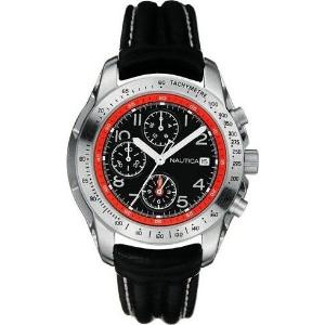 NAUTICA Chronograph 46mm Silver Stainless Steel Black Leather Strap A18541G - 4775
