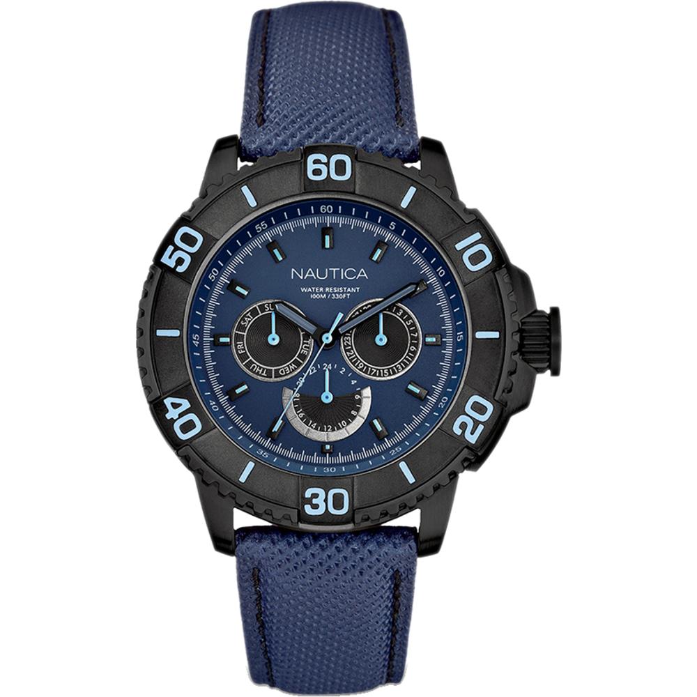 NAUTICA NST 501 Multifunction 46mm Black Stainless Steel Blue Fabric Strap A18644G
